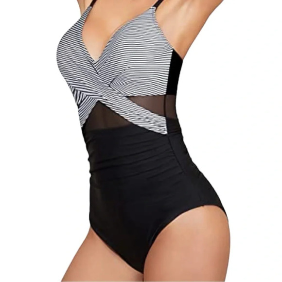 Women’s Voluptuous V Neck Color Sling Backless Bathing Suit - Picture 2 of 8